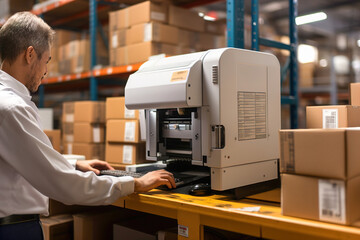 A man working on a machine for printing labels and barcode on boxes in a warehouse.