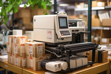 Machine for printing labels and barcode on boxes in a warehouse.
