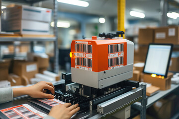 A man working on a machine for printing labels and barcode on boxes in a warehouse. - obrazy, fototapety, plakaty