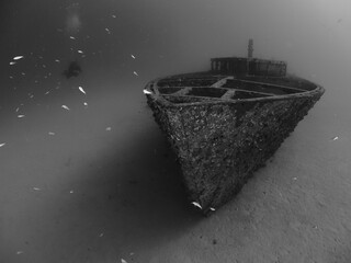 ship wreck scenery with fish  around underwater shipwreck in deep water scuba divers to see