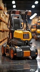 Obraz premium Transporting packages and inventory in a warehouse using an autonomous robot and a self-driving forklift.