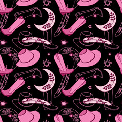 Retro seamless pattern with different cowgirl details: boots, hat, moon, stars, feather. Wild West fashion style vector in pink color
