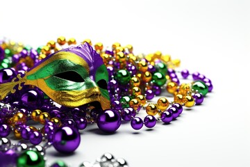 Elegant and delicate Venetian mask festival beads on white background.