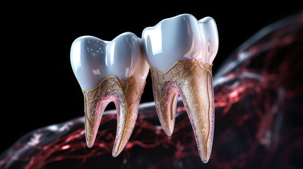 White shiny teeth with a gold-colored root canals, 3D rendering - obrazy, fototapety, plakaty
