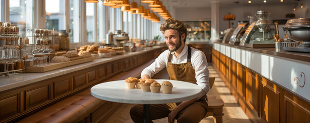 Worker in restaurant sitting at a table with a cup of coffee resting during a break. Panoramic image.