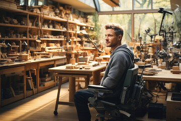 Disabled man carpenter in a wheelchair working on a piece of wood in woodworking shop. - obrazy, fototapety, plakaty