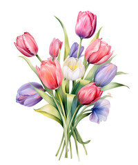 Obraz premium Pastel Tulip Bouquets Watercolor Clipart, Watercolor Sublimation Tulip Florals, Transparent Background, transparent PNG, Created using generative AI