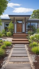 Fototapeta na wymiar The front door of a chic suburban home has a wooden pathway and a potted grass. .