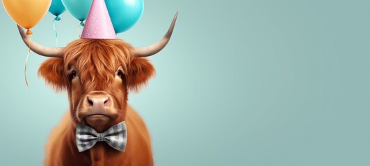 Celebration, happy birthday, Sylvester New Year's eve party, funny animal banner greeting card - Scottish highland cattle cow with horns, party hat and balloon, isolated on blue wall background