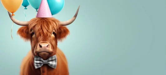 Photo sur Aluminium brossé Highlander écossais Celebration, happy birthday, Sylvester New Year's eve party, funny animal banner greeting card - Scottish highland cattle cow with horns, party hat and balloon, isolated on blue wall background
