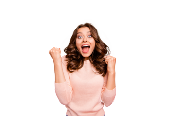 Close up portrait of stylish modern wave hairstyle raised fists up lady isolated on shine red background big eyes and wide open mouth