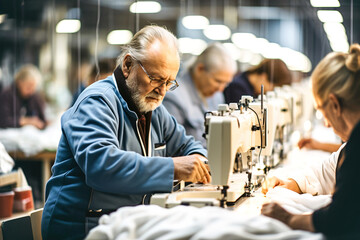 An older man is working on a sewing machine. - obrazy, fototapety, plakaty