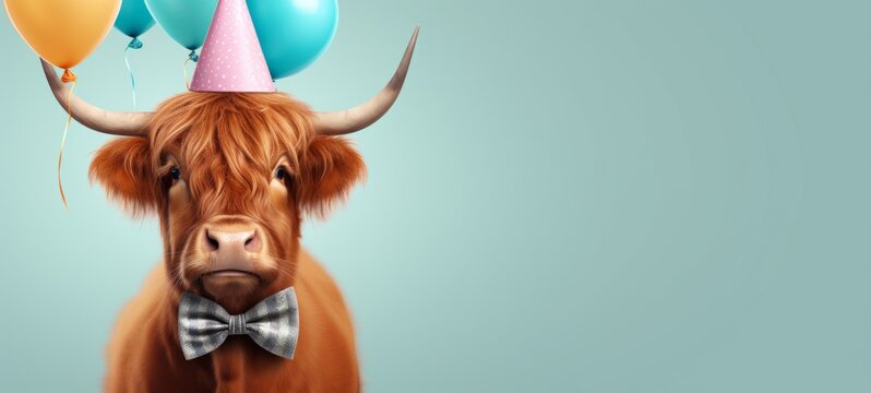 Celebration, happy birthday, Sylvester New Year's eve party, funny animal banner greeting card - Scottish highland cattle cow with horns, party hat and balloon, isolated on blue wall background