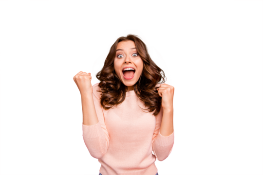 Close up portrait of stylish modern wave hairstyle raised fists up lady isolated on shine red background big eyes and wide open mouth