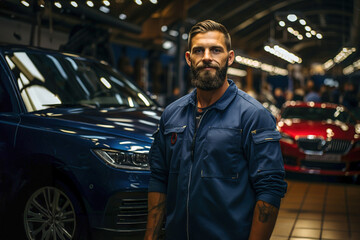 A man mechanic standing in a car repair shop. Cars on background.