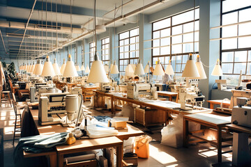 Factory room filled with lots of sewing machines. No people factory background. - obrazy, fototapety, plakaty
