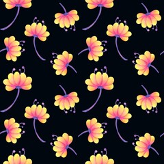 magical plants highlighted on black background. fantastic neon flowers seamless pattern. Bright unusual Fantastic alien magic plants. watercolor botanical print for textile, packaging paper, fabrics