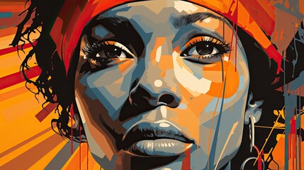 Graphic poster featuring a beautiful African woman, black history month in vibrant colors in retro futuristic fashion style.