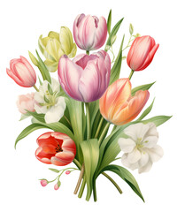 Pastel Tulip Bouquets Watercolor Clipart, Watercolor Sublimation Tulip Florals, Transparent Background, transparent PNG, Created using generative AI