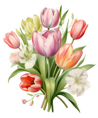 Obraz premium Pastel Tulip Bouquets Watercolor Clipart, Watercolor Sublimation Tulip Florals, Transparent Background, transparent PNG, Created using generative AI