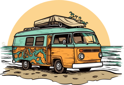 Travel van in front of a beach Hand drawn illustration, travel van Hand drawn illustration