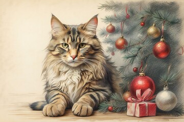 cat and christmas tree with gifts