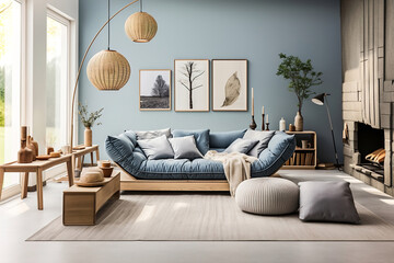 A living room with blue walls and furniture.