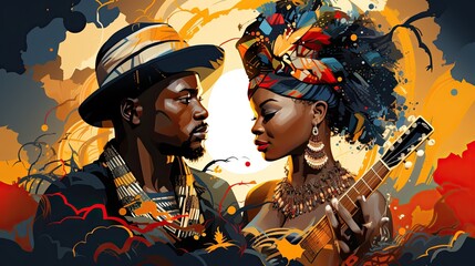 An African woman in traditional clothing plays the guitar, a man listens attentively and admires. Concept of people's friendship and love of music, black history month - obrazy, fototapety, plakaty