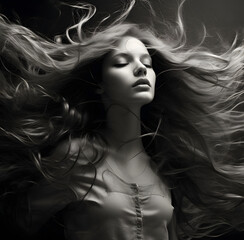 A girl in a black dress with her hair flying