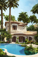 Fototapeta na wymiar Mediterranean villa with palm trees and pool, Ai generated