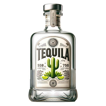 Tequila bottle isolated on white transparent background, alcohol drink product, PNG
