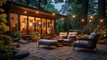 A lovely suburban home's patio with lights and wicker chairs during a summer's evening. - obrazy, fototapety, plakaty