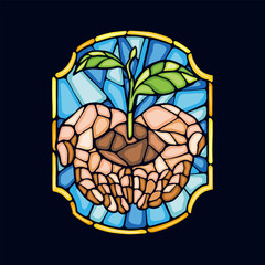 vector illustration of hands carrying plant seeds in stained glass style