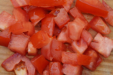 Chopped Tomatoes on chopping board ,close up 