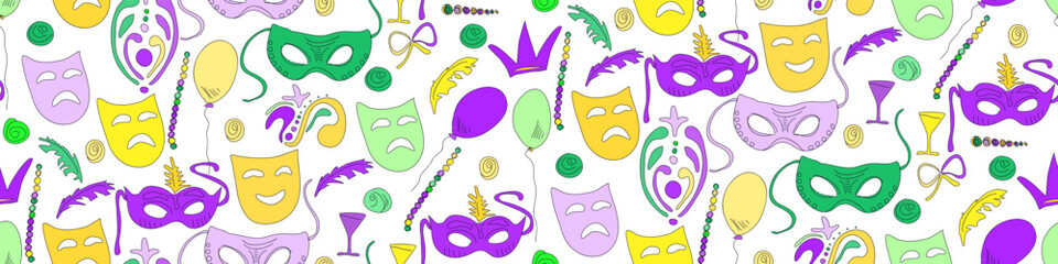 Colorful hand drawn doodle Mardi Gras symbols. Carnival Party seamless pattern. Masquerade ornament. Holiday Mardi Gras party. Design for Carnival, Mardi Gras, web template. Vector illustration © tamaraluiza