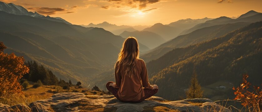 A young lady is at a mountain doing lotus stance yoga. .