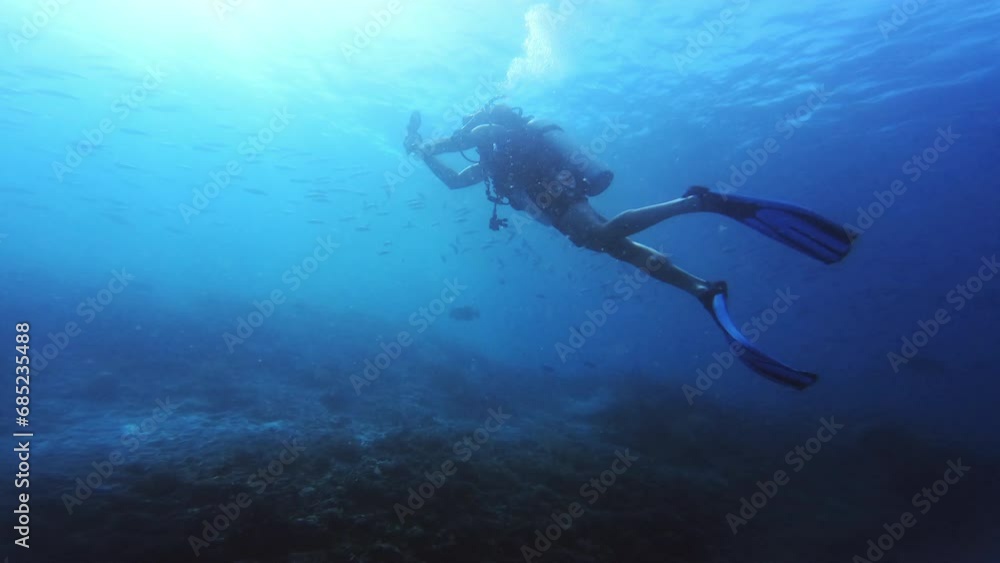 Sticker Photography, swimming in ocean and scuba diving in coral reef in Raja Ampat with biodiversity, ecology or tropical environment. Calm blue sea, underwater and person with camera on adventure in nature