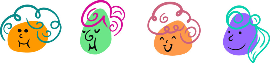 Set cartoon abstract head grandmother in funny simple doodle draw style. Bright fashion emotion faces various people. Bright design character emotion. Collection flat vector illustration.