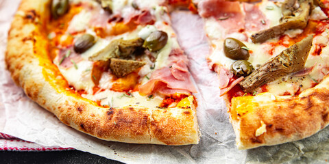 pizza artichoke ham olives fresh hot fast food eating cooking appetizer meal food snack on the table copy space