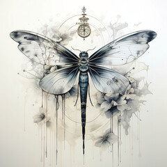 Surreal Illustration of a Butterfly with a Clock and Flowers
