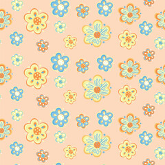 Seamless patterns with vintage groovy daisy flowers. Retro floral vector background design, textile, stationery, wrapping paper, covers. 60s, 70s, 80s style. Kids Cartoon floral ornament. Bloom print.