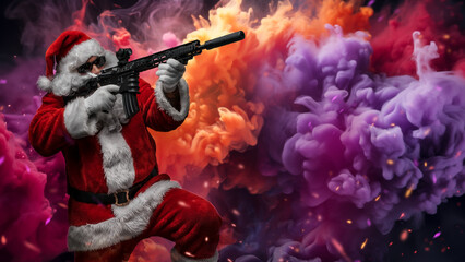 A man dressed as Santa Claus, aiming with a machine gun, stands amid bright, multicolored smoke...