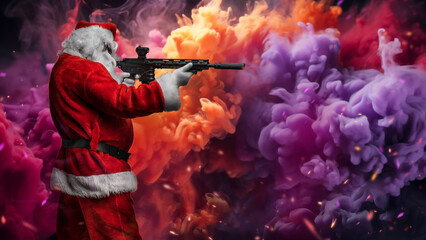 A man dressed as Santa Claus, aiming with a machine gun, stands amid bright, multicolored smoke...