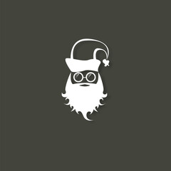 Vector white silhouette of Santa Claus with shadow isolated on grey background. Santa Claus icon, print, badge and label design template. Funky christmas old man character with beard and mustache
