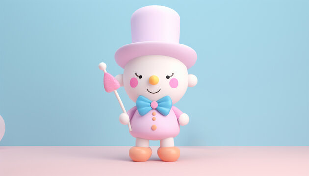 Cute 3d rendering happy smiling circus clown or joker light pastel colors. funny animation design pink and blue colored background copy space