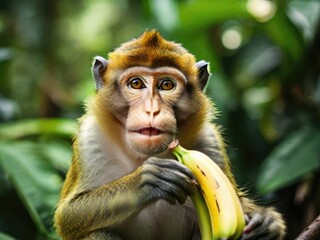 Monkey in the jungle holding a banana.Generative with AI