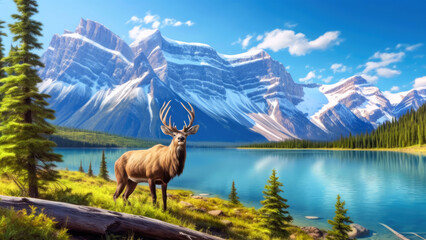 Moraine lake panorama with beautiful deer in Banff National Park, Alberta, Canada - obrazy, fototapety, plakaty