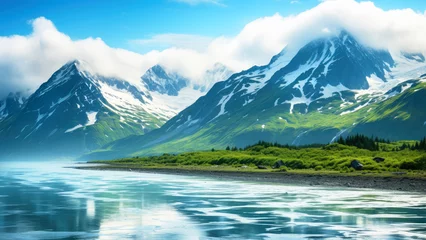 Raamstickers Alaska nature landscape. Scenic view of mountain peaks and glaciers. © Lyn Lyn
