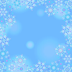 Square background with a frame of stained-glass snowflakes, crystals on a blue substrate