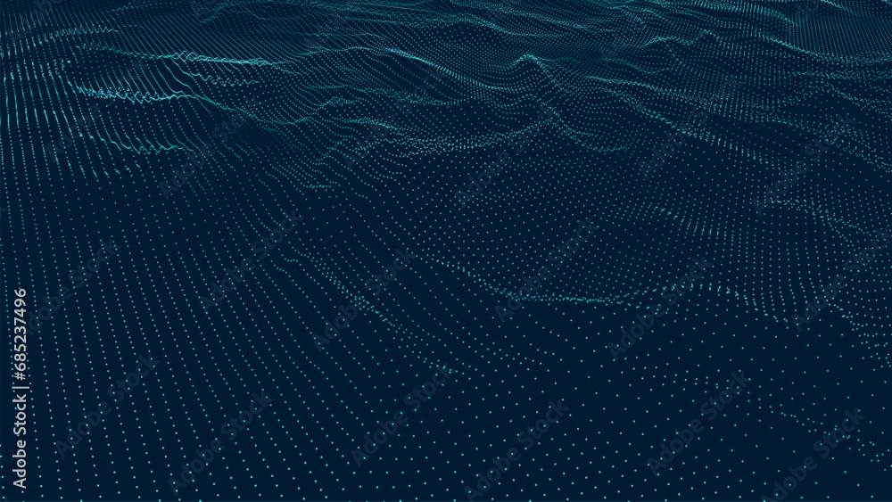 Poster wave of particles. futuristic dots pattern on dark background. big data digital code. technology or 